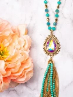 Shine So Bright Iridescent Oval Gold Crystal Turquoise Beaded Necklace -Accessories Sale Store AN9628 TQ