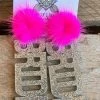 Here Comes The Bride Earrings - Silver Glitter With Hot Pink Pom