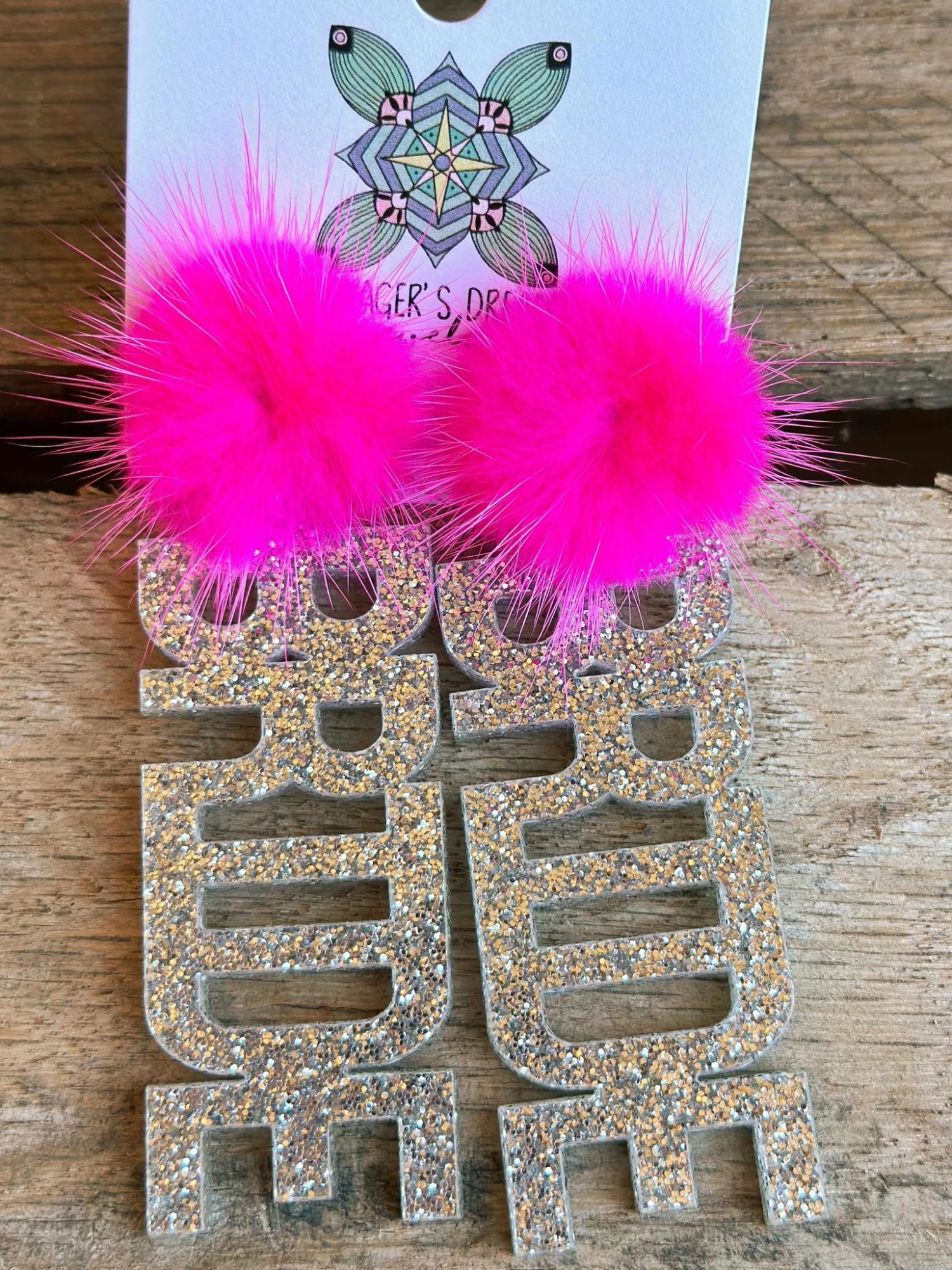 Here Comes The Bride Earrings - Silver Glitter With Hot Pink Pom 1 Here Comes The Bride Earrings - Silver Glitter With Hot Pink Pom