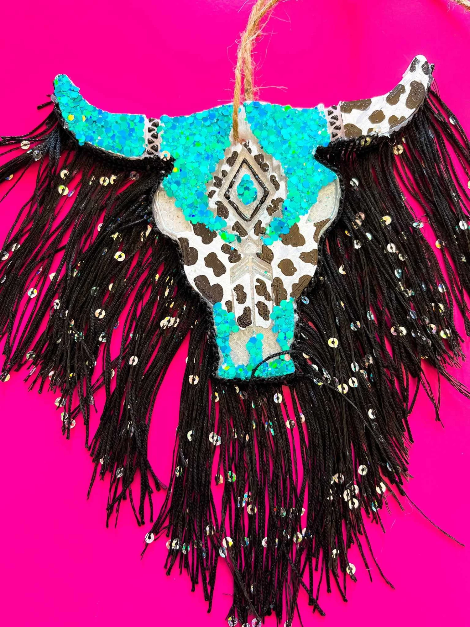 Blue Glitter And Cow Print Steer Fringe Freshie 1 Blue Glitter And Cow Print Steer Fringe Freshie