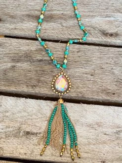 Shine So Bright Iridescent Oval Gold Crystal Turquoise Beaded Necklace