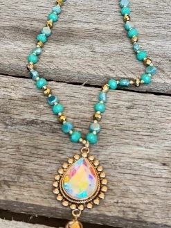 Shine So Bright Iridescent Oval Gold Crystal Turquoise Beaded Necklace -Accessories Sale Store PhotoJun08 110928AM