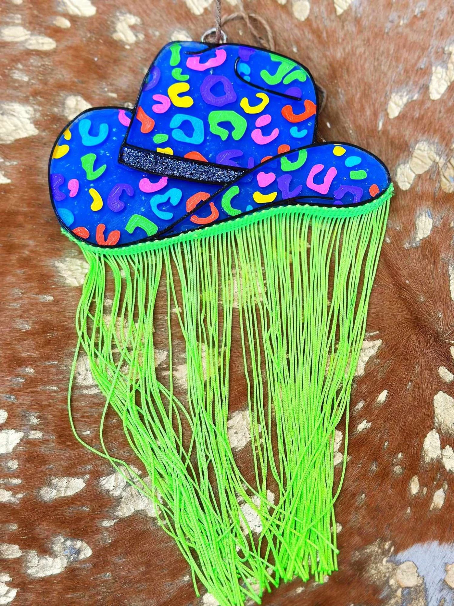Rainbow Cowgirl Hat With Lime Fringe Freshie 1 Rainbow Cowgirl Hat With Lime Fringe Freshie