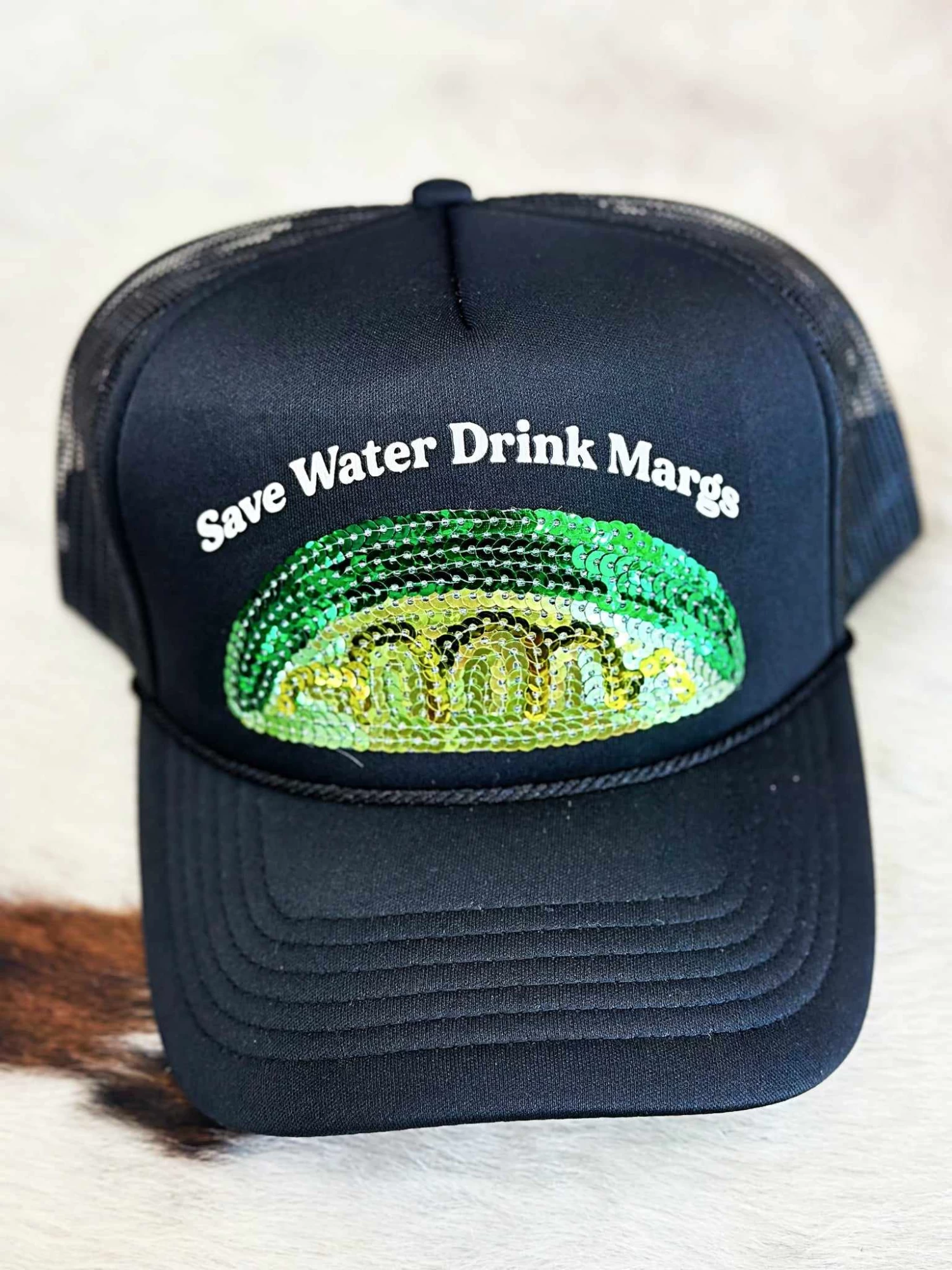 Save Water Drink Margs Sequin Lime Trucker Hat - Black 1 Save Water Drink Margs Sequin Lime Trucker Hat - Black