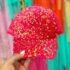 Neon Pink Velour Sequin Ponytail Ballcap