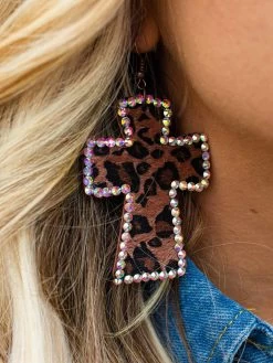 Crystal Cross Leopard Brown Earrings