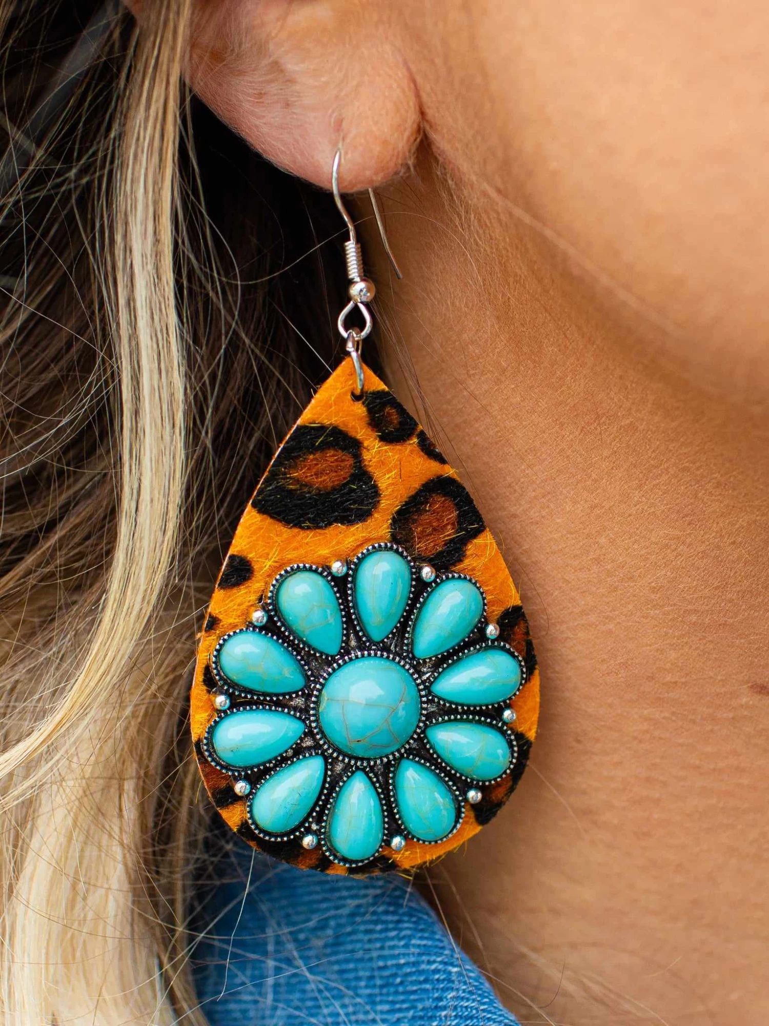 Brown Leopard Turquoise Flower Teardrop Earrings 1 Brown Leopard Turquoise Flower Teardrop Earrings