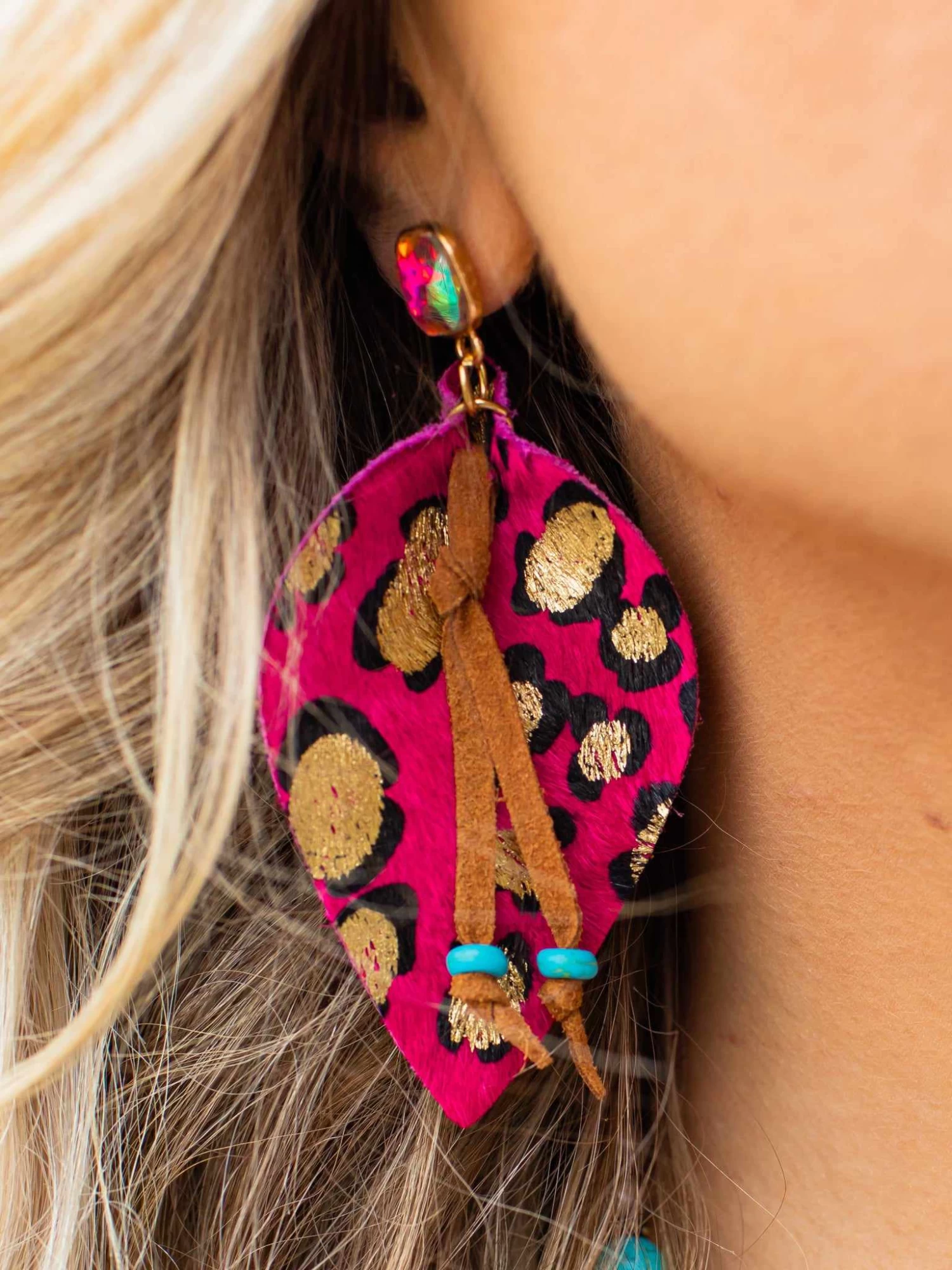 Fuchsia Leopard Leaves Gold Earrings 1 Fuchsia Leopard Leaves Gold Earrings