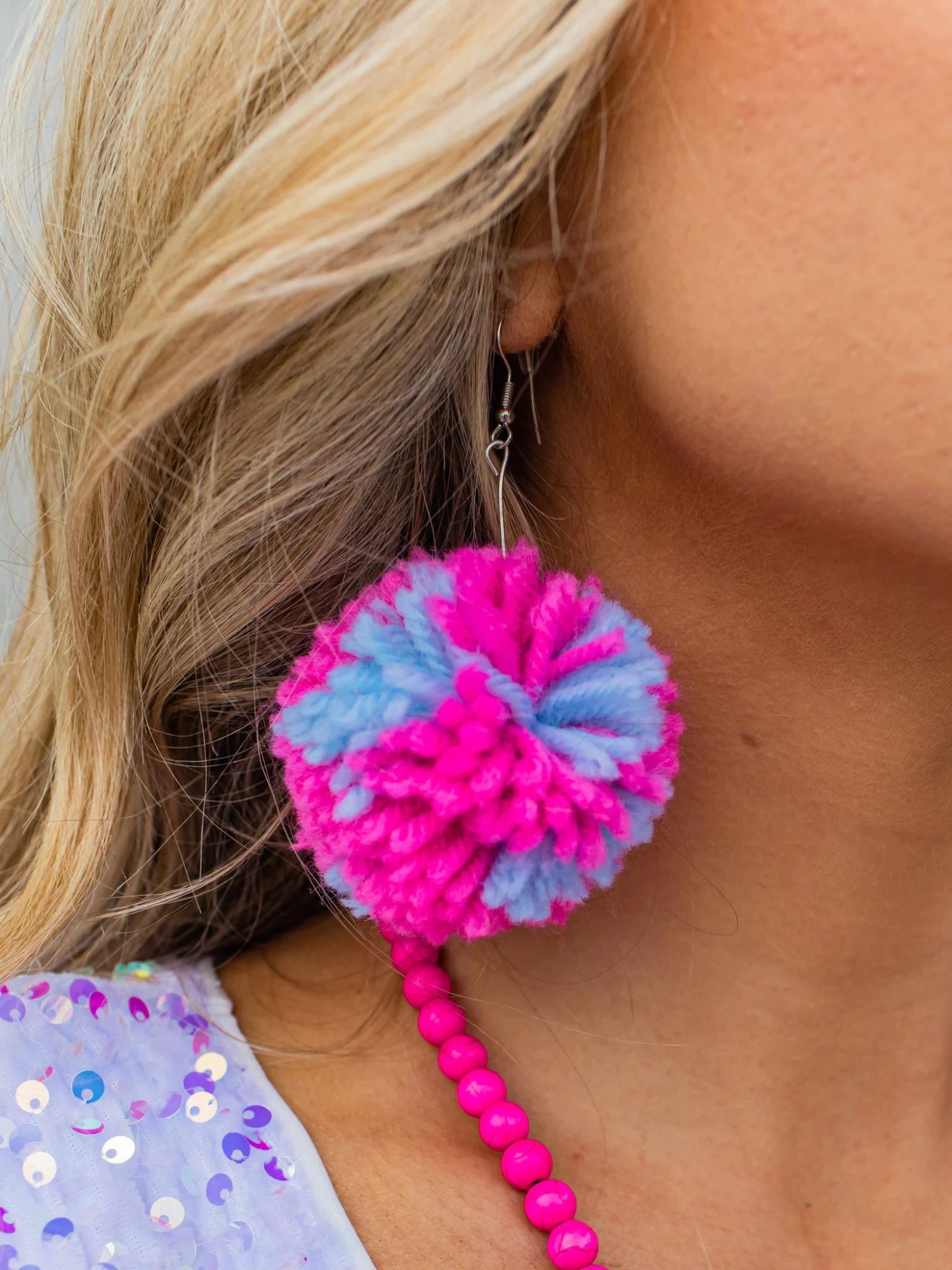 Big Pom Puffer Earrings - Pink And Blue 1 Big Pom Puffer Earrings - Pink And Blue