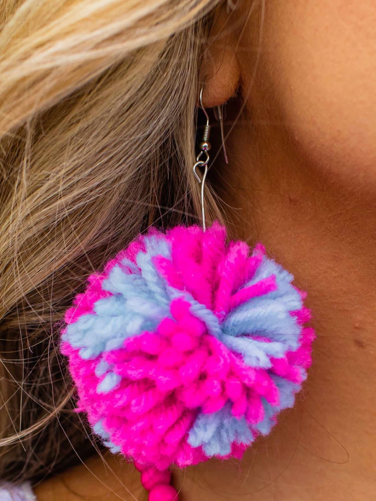 Big Pom Puffer Earrings - Pink And Blue 2 Big Pom Puffer Earrings - Pink And Blue - Image 2