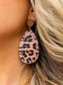 Pink Leopard Teardrop Gold Earrings